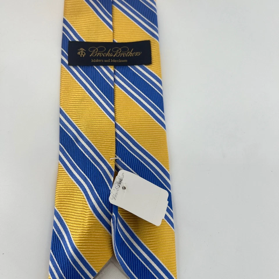 Brooks Brothers Repp полосатый шелковый галстук 3,25 дюйма желтый синий диагональная полоса мужская одежда - Изображение 3 из 4