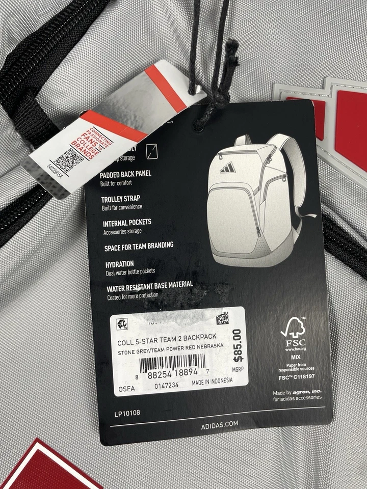 Nueva Mochila Adidas 5-Star Team 2 Gris/Rojo Nebraska Huskers Foto 2 de 4