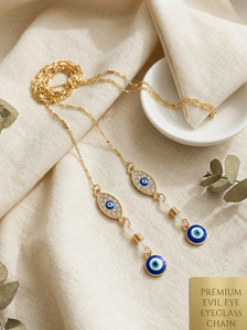 Authentic Gold Plated Evil Eye Eyeglass Chain Cable w/ Blue White Crystal Charms Hook