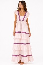 Pitusa Inca Trim White Cotton Gauze Ruffle Maxi Dress Boho Festival Resort OS