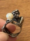 Vintage UNIQUE Sterling Silver Sculptural Figure Design Holding Pearl. Size 7.5