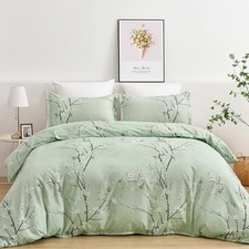 Floral Duvet Cover Set 3 Pieces Flower Plum Blossom Printed Queen Sage Green