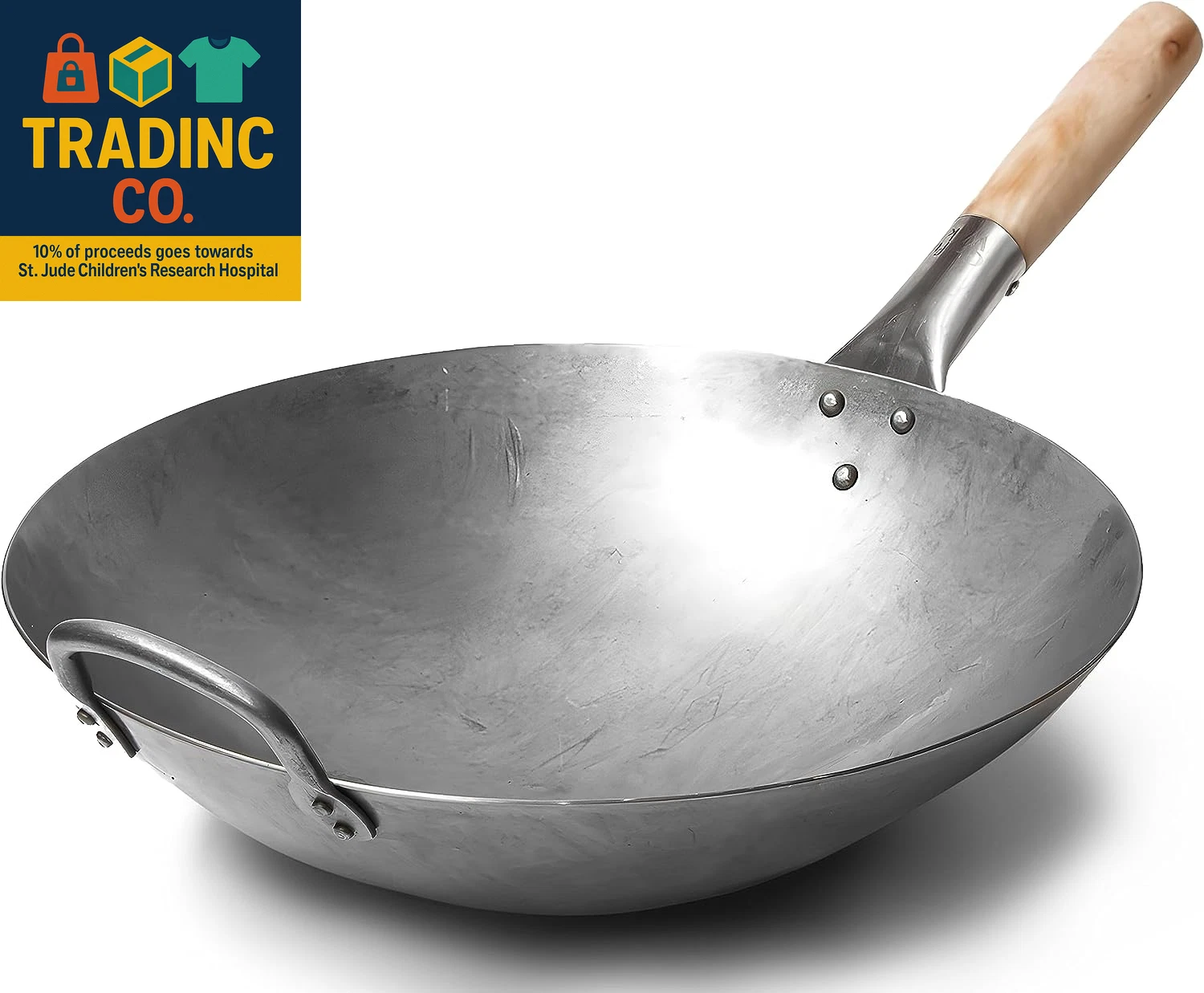 Traditional Hand Hammered Chinese Carbon Steel Wok with Wooden and Steel Helper