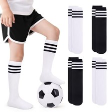 VEKDA 4 Pairs Kids Soccer Socks Toddler Boys Girls Large 2 Black/2 White