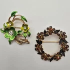 2 Vintage Costume Jewelry Brooches Rhinestone Wreath Green Enamel Floral Pin