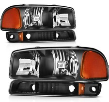 For 99-07 Gmc Sierra Black Amber Headlights Assembly Bumper Corner Lamps Pair For 99-07 Gmc Sierra Black Amber Headlights Assembly Bumper Corner Lamps Pair