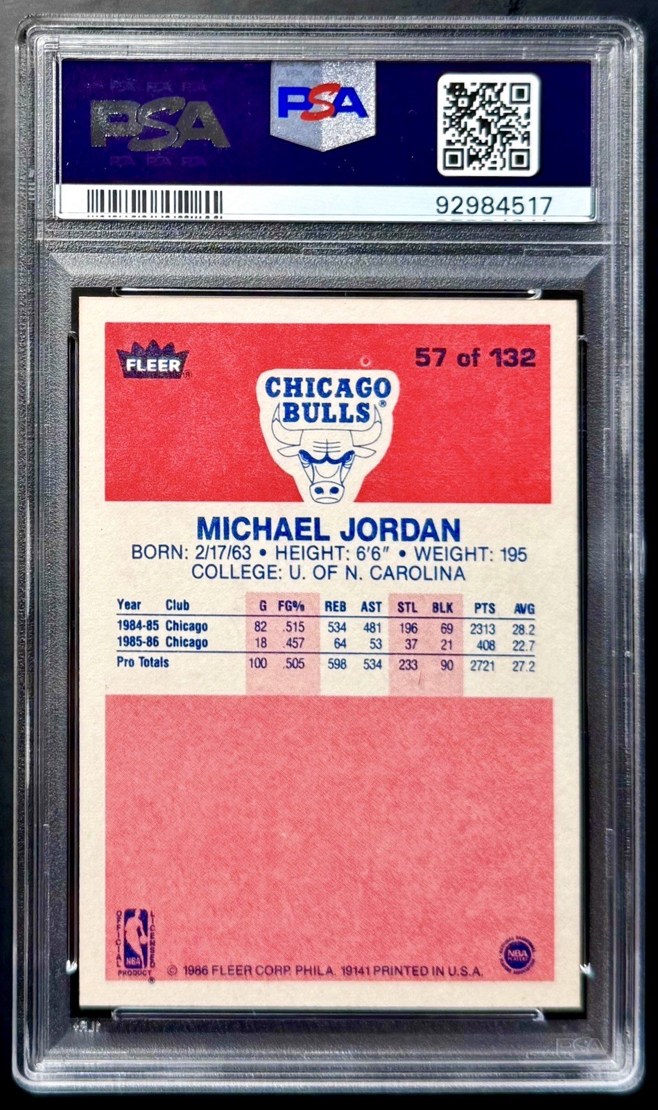 1986-87 Fleer MICHAEL JORDAN #57 Rookie RC PSA 8 NM-MT! New PSA Slab! view 2