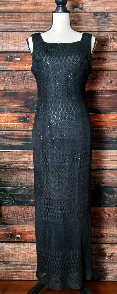 Vestido Molly Malloy Noche Vintage Años 90 Talla 10 Maxi Negro Lentejuelas Abertura Hecho en EE. UU. Foto 4 de 4