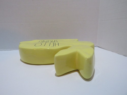 RAE DUNN NEW "HELLO SPRING" YELLOW CERAMIC BUNNY FIGURINE 11" X 9" - Picture 3 of 4
