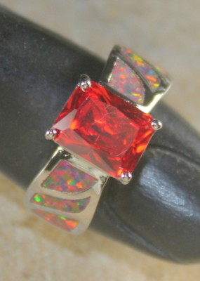 Anello Rettangolare In Argento Con Opale Di Fuoco E Granato Arancione - Misura 8 - Fatto A Mano