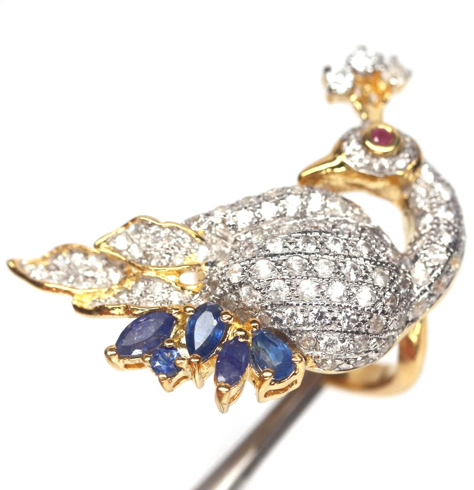 Anillo Pavo Real Circón Blanco Calentado, Zafiro y Rubí Plata 925 Talla 7.5 Foto 2 de 4