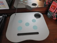 Cushioned Laptop Lap Desk with LED Light and Cup Holder (Grey with Teal dots))