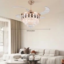 Crystal Ceiling Fan Light 6 Speed Modern LED Dimmable Pendant Lamp With Remote