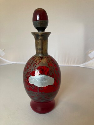 RED VENETIAN GLASS DECANTOR WITH LABEL ''CHERRY LIQUEUR'' PINT SILVER OVERLAY