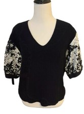 NWT Ann Taylor Stitched Floral Puff Sleeve Sweater. Navy. XS
