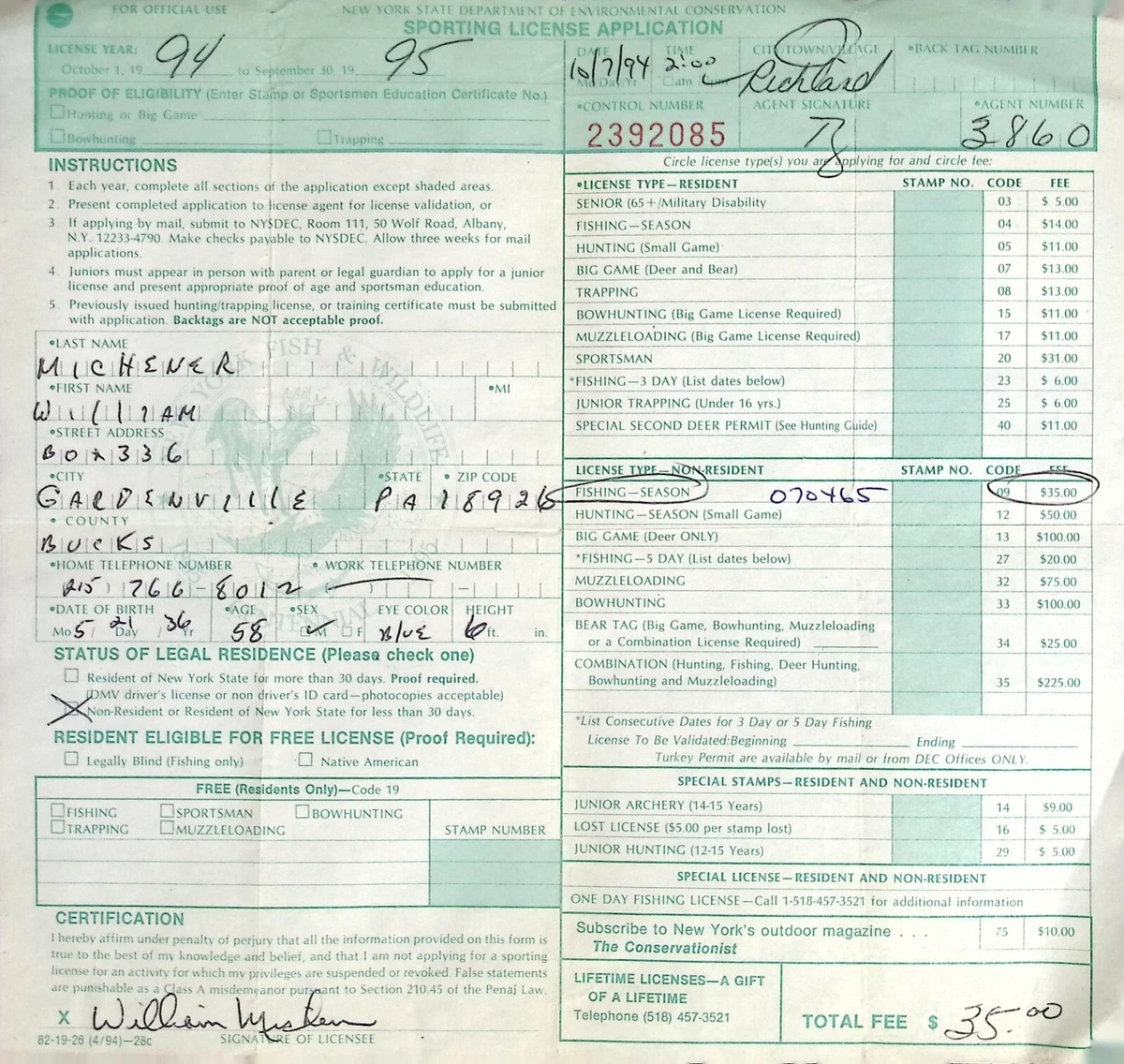 Vieux Permis De Pêche Vintage De L’État De New York - 1958 - Collectionneur F2B