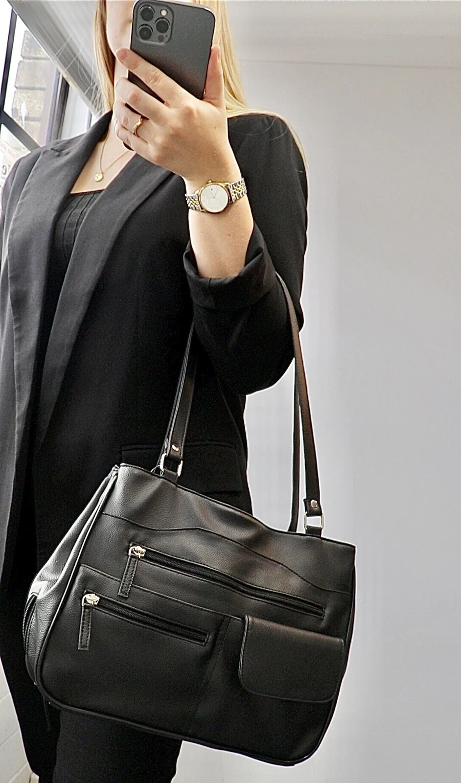Multi Compartment Handbag. Colours: Black, Navy, Taupe or Bone. Style No: 4291