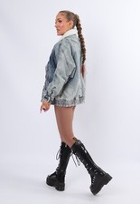 Vintage 90's Sherpa Lined Denim Bomber Jacket Acid Wash U 14 - 16 L / Xl (c1d)