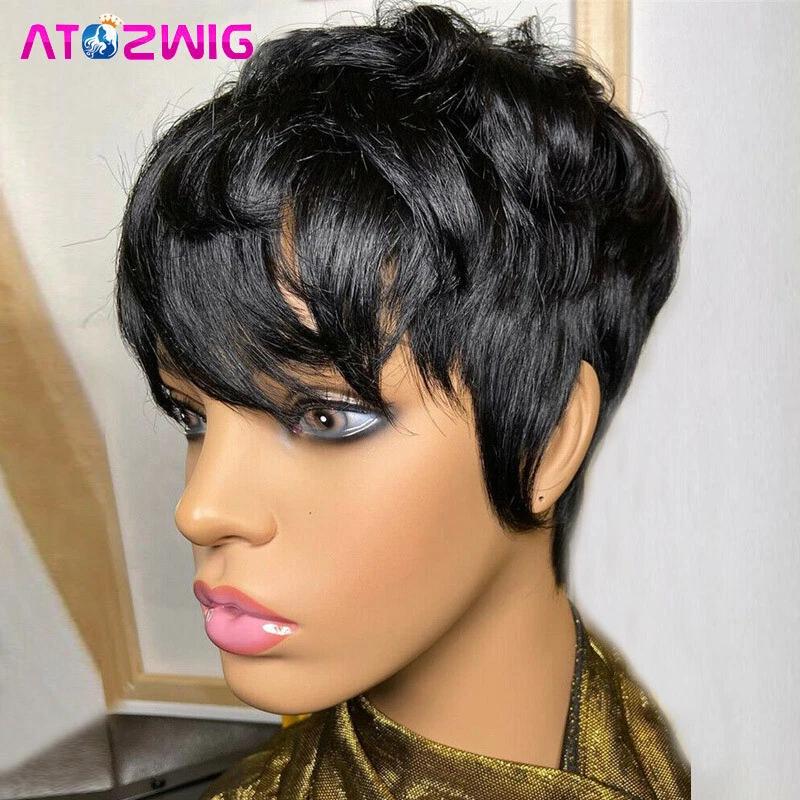 Black Human Hair Short Pixie Cut Wigs for Women Pixie Wavy Hair Wig with Bangs - Image 4 of 4