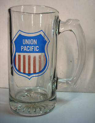 Union Pacific Railroad RR UP Farbschild Logo Glas Bierkrug Stein rot blau Vintage