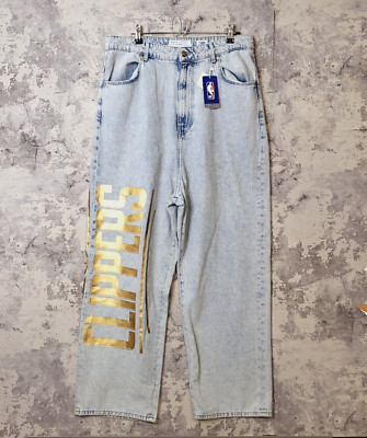 Bershka NBA LA Clippers Jeans Damen 42 Blau Acid Denim Ultra High-Rise Baggy A