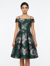 Eliza J Womens Emerald Green Floral Brocade Belted Lined Fit & Flare Dress 4P