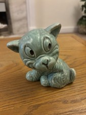 Vintage SylvaC Style Blue Green Ceramic Cat Figurine MidCentury Snub Nose Kitten