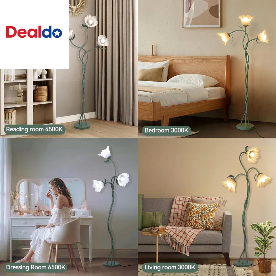 Lámpara de pie vintage con flores de 3 cabezas con esquina ajustable de cuello de cisne de pie alta Foto 3 de 4