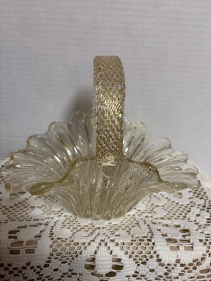 Vintage Murano Clear With Gold Flecks Italian  Glass Basket With Twisted Handle