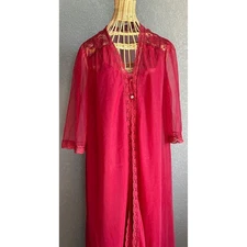 Vintage Red Lace Trim Lingerie Robe & Nightgown Set Bridal Boudoir Satiny Glam