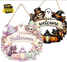 Halloween Door Sign Hanging, Double-Sided Wooden Welcome Sign Decor, Front Door