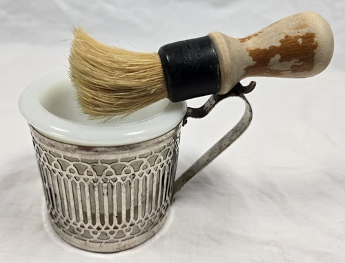 Vintage Milk Glass Shaving Mug & Brush Set w/ Silver Tone Stand Barber Grooming