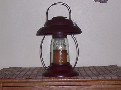 Rustic Autumn Candle Lantern, Crackle Black/Red Tin w/Mason Jar Globe, 9 In Tall