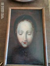 Antico dipinto ad olio religioso Gesù Cristo biblico olio su tela XIX secolo Maria