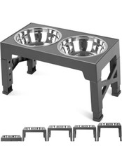 Elevated Dog Feeding Bowls w/2 Stainless Steel, Raised, Adjustable Height Gray