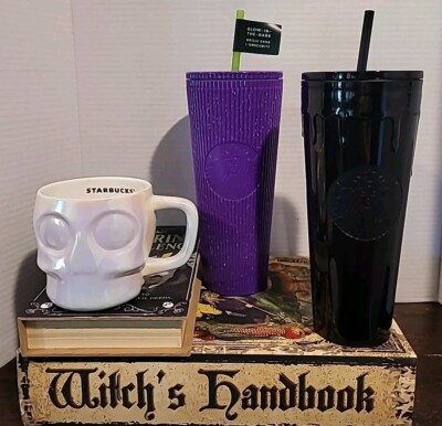 Starbucks Halloween Black Slime Iridescent Skull & Glow In The Dark Cups  NWT! | eBay