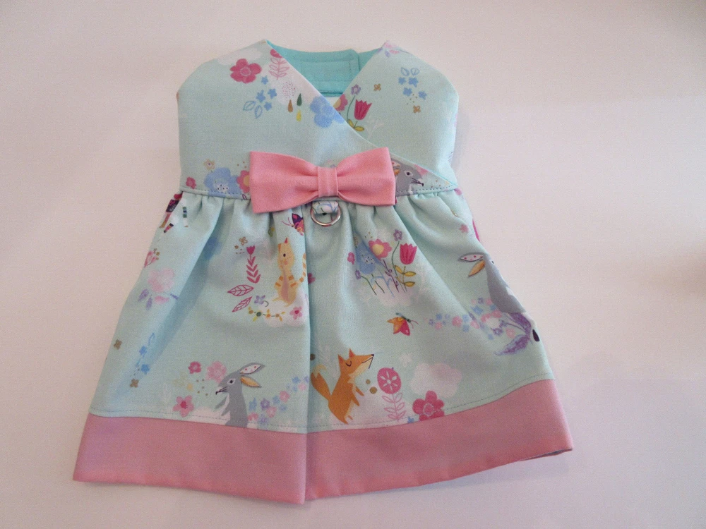 Dog harness dress Easter spring blue pink bunny animals flowers handmade xs