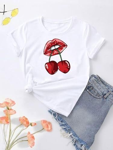 Womens Round Neck Lips Cherry Print Baggy T-Shirt Top Short Sleeve Vintage Tees - Picture 6 of 6