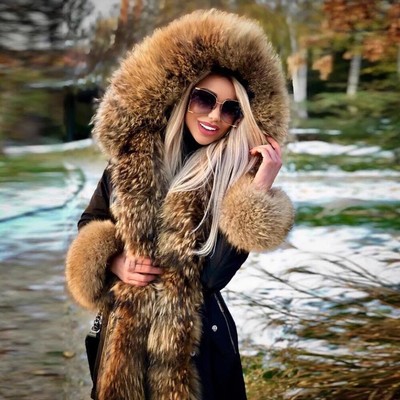 Winter Natural Raccoon Fur Parka With 
