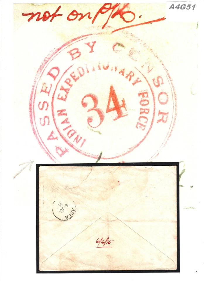 EGIPTO PRIMERA GUERRA MUNDIAL Raro *BIKANER CAMEL CORPS* Cubierta Militar INDIA CENSOR 1915 Adén A4G51 Foto 3 de 4