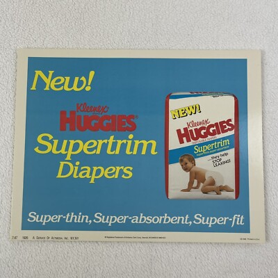 Vintage 1987 Huggies Diapers Store Display Sign 7.5x10 Cart Ad