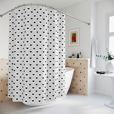 Cute White and Black Heart Pattern Fabric Shower Curtain, Bath Decor Gift