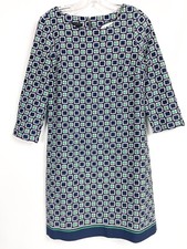 Talbots Womens 6 Dress Blue Green White Geometric Print Knit Sheath 3/4 Sleeve
