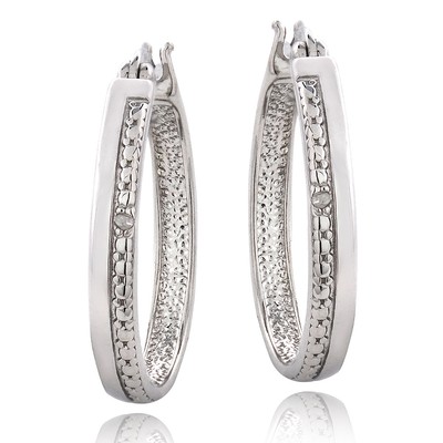 925 Silver Diamond Accent Stripe Oval Hoop Earrings