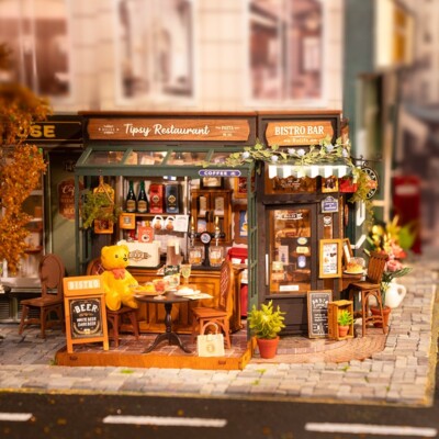 Rolife Tipsy Restaurant LED Holz Miniatur Puppenhaus Bausatz Xmas Geschenk