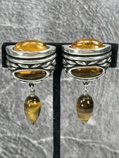 Vtg Fahrenheit Amber Glass Tiger Eye Drop Signed Clip On Earrings