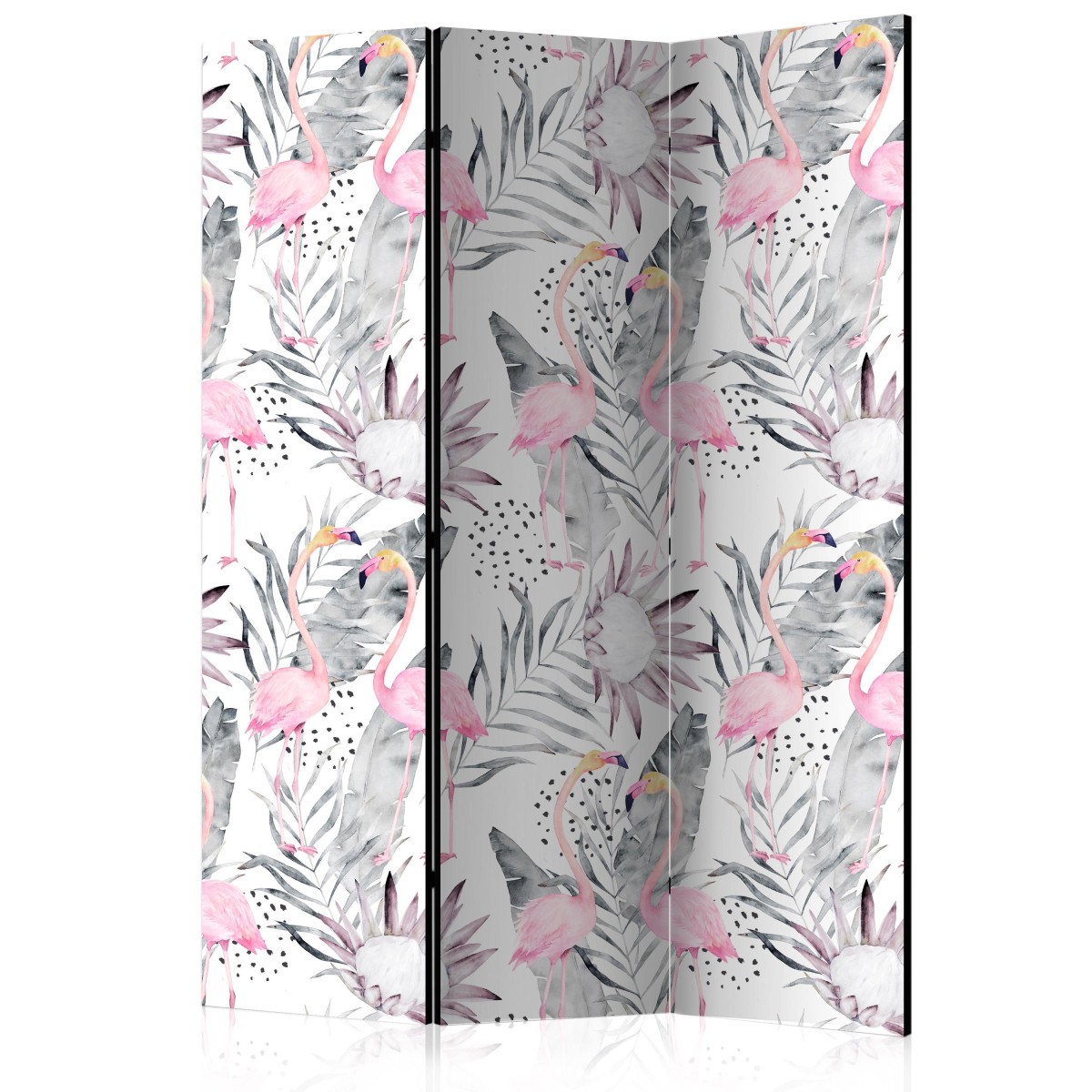 Paravent 3 volets Flamingos & Twigs 135x172cm en toile imprimée rose et blanche