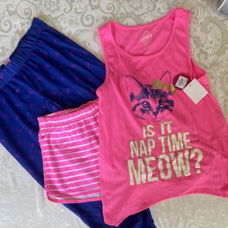SO Girls Cat Graphic Pajama Set Pink Blue Sleeveless Size L/12