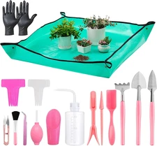 25Pcs Mini Garden Tool Set with Thick Repotting Mat & Tags - Pink