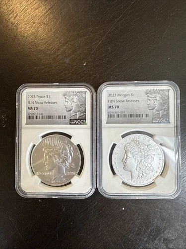 2023 TWO COIN  SET PEACE & MORGAN DOLLAR -FUN SHOW RELEASES - NGC MS70